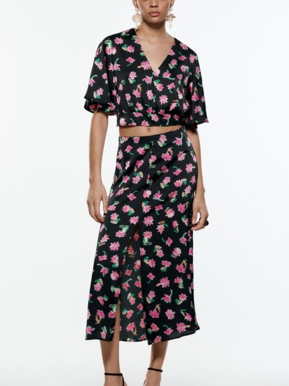 ZARA Black Midi Skirt and top with Pink Floral Print - two piece set